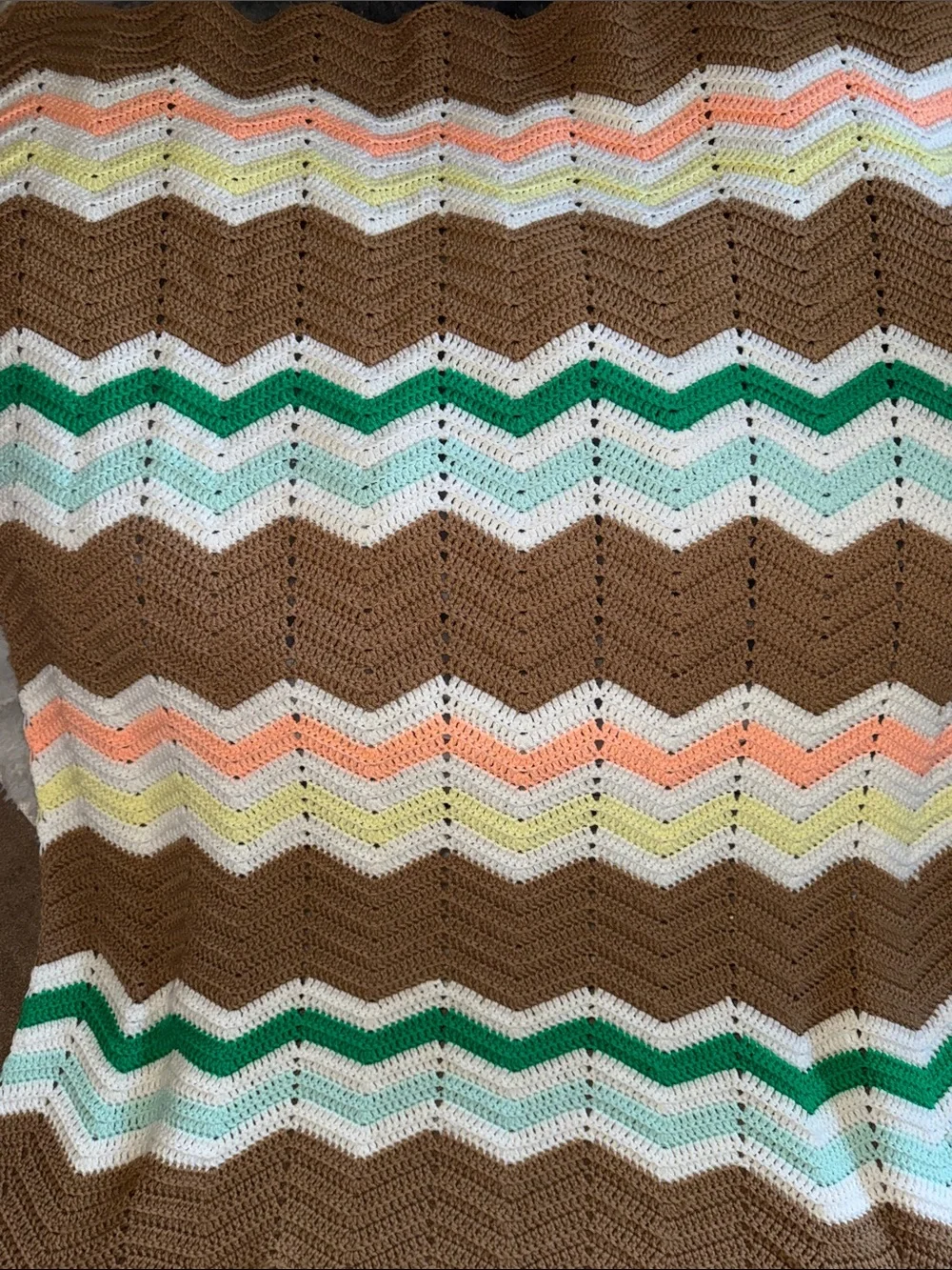 Hand Crafted Chevron Crochet Throw Blanket in Brown, White, Green, Peach, Yellow